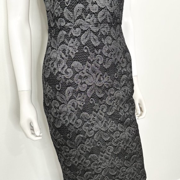 Belle Badgley Mischka Lace Overlay Back Slit Shimmer Maxi Dress Gown Black Sz 4 - Picture 7 of 16